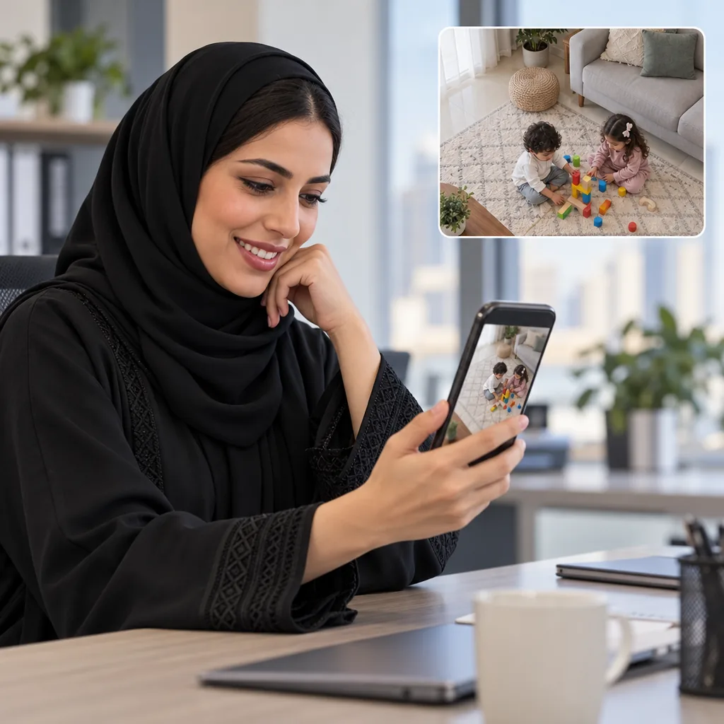 أم في عملها تتابع أطفالها من الجوال