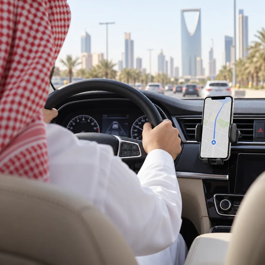 سائق يقود والجوال أمامه على الحامل